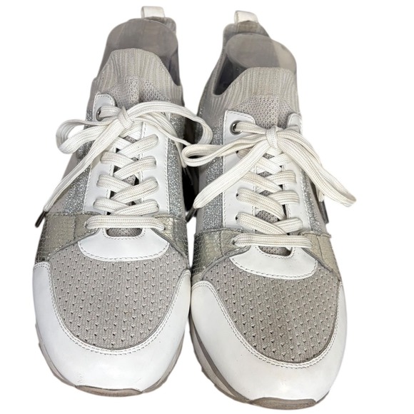 Michael Kors Billie Silver Knit Sock Sneakers Metallic‎ Accent Lace Up Size 10M - Picture 2 of 8